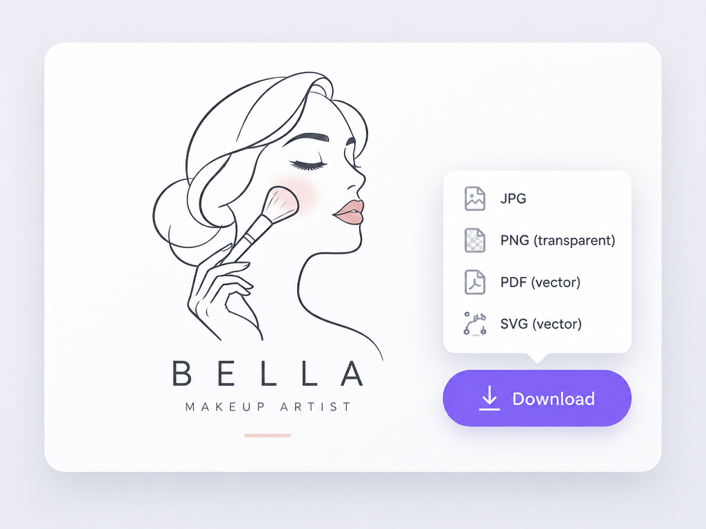 Makeup logo design presentation card with instant download button and multi-format vector export dropdown menu