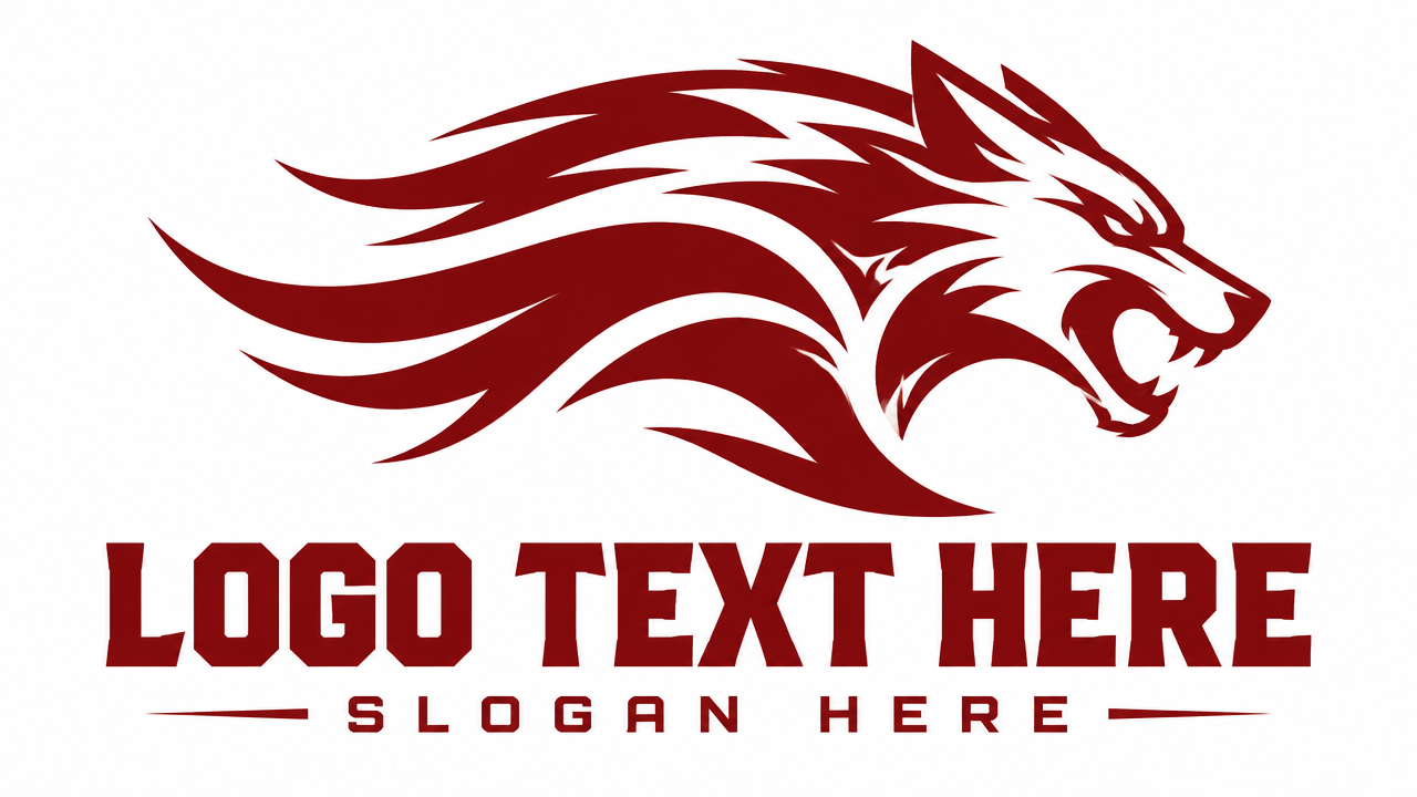 Dynamic athletic wolf profile logo design formed by swooping crimson flame curves on white card