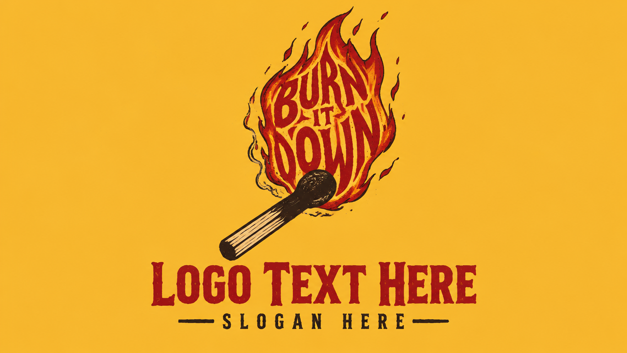 Rebellious retro matchstick fire logo design with hand-drawn flame typography on amber card