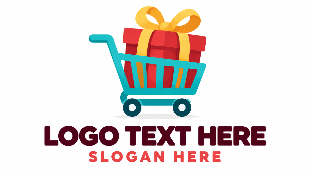 E-commerce advertising logo design featuring a shopping cart with gift box on white background