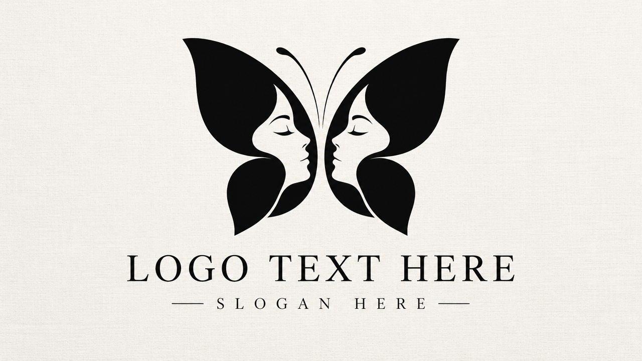 Elegant makeup logo design featuring a butterfly with negative space face profiles on textured off-white card