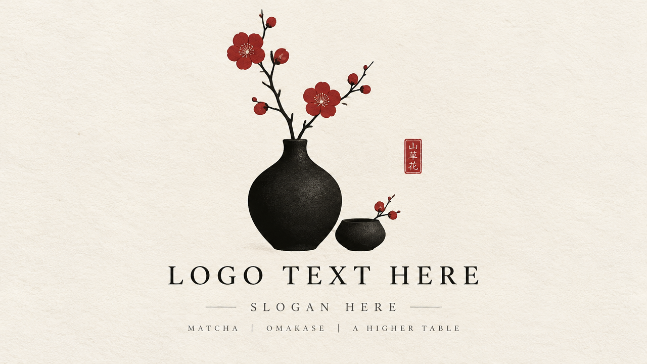 Minimalist Japanese Zen logo design featuring black ceramic vases, red flowers, and a traditional red hanko seal