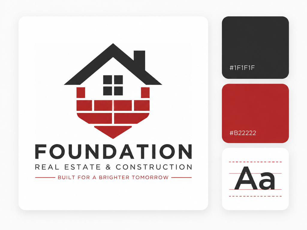 Minimalist UI layout card showing a professional construction house logo with matching black and red color swatches and typography card