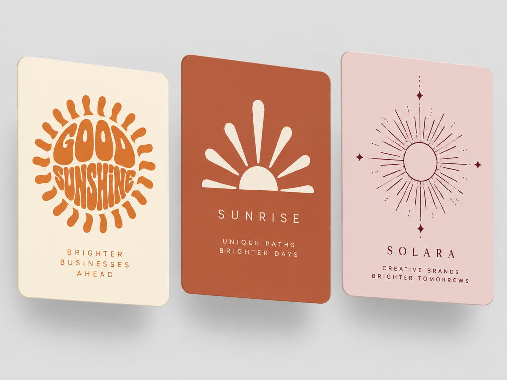 Graphic showcase of three distinct sunshine logo designs featuring 70s groovy typography, modern splash star, and celestial fine-line styles