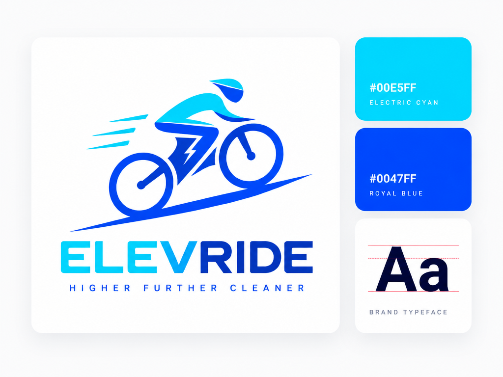 Minimalist UI layout card showing an electric bike logo with matching cyan and blue color swatches and typography card