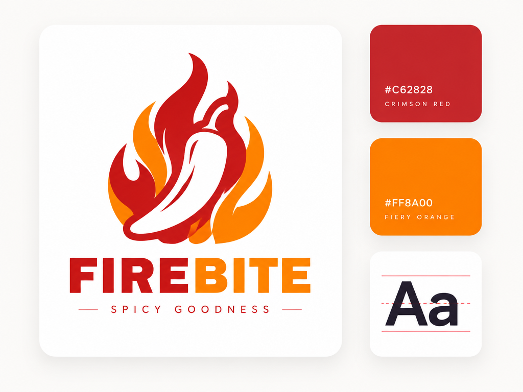 Minimalist UI layout card showing a fiery chili pepper logo with matching red and orange color swatches and typography card