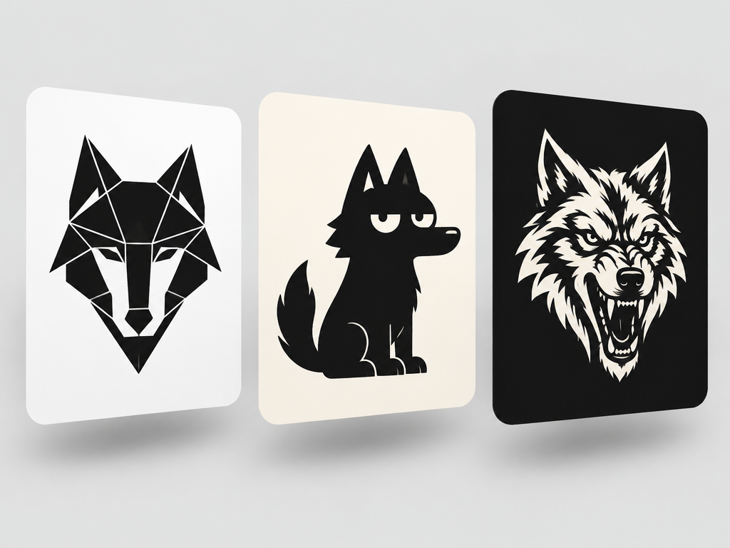 Graphic showcase of three distinct wolf logo designs featuring geometric polygon, deadpan cartoon, and aggressive metal styles