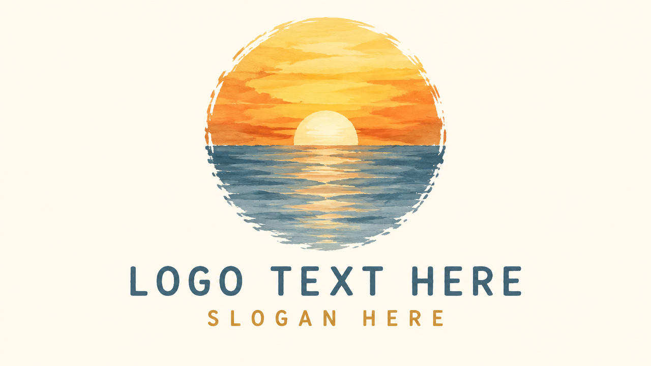 Artistic watercolor sunset logo design with painted sun and water reflection on cream background