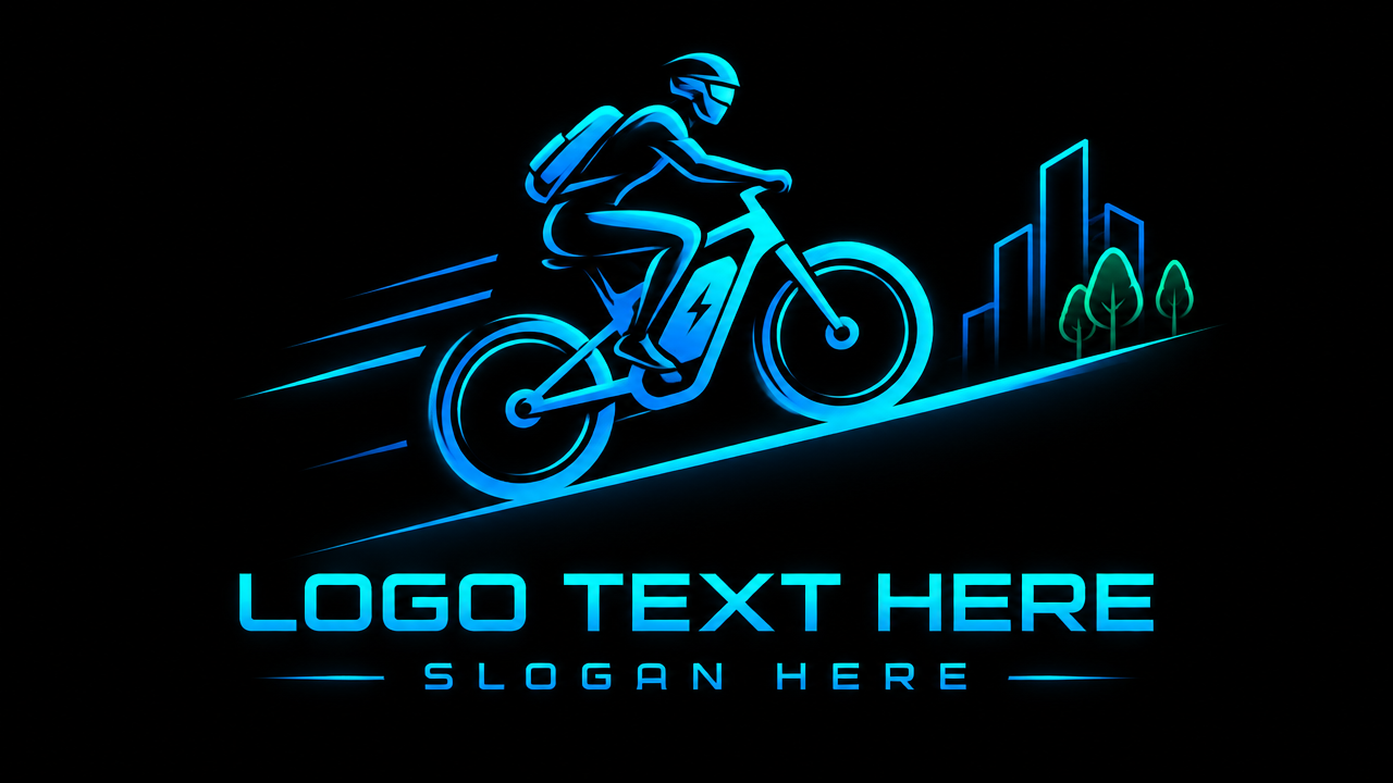 Modern electric bike logo design with glowing cyan and blue gradient line art ascending a slope on black card