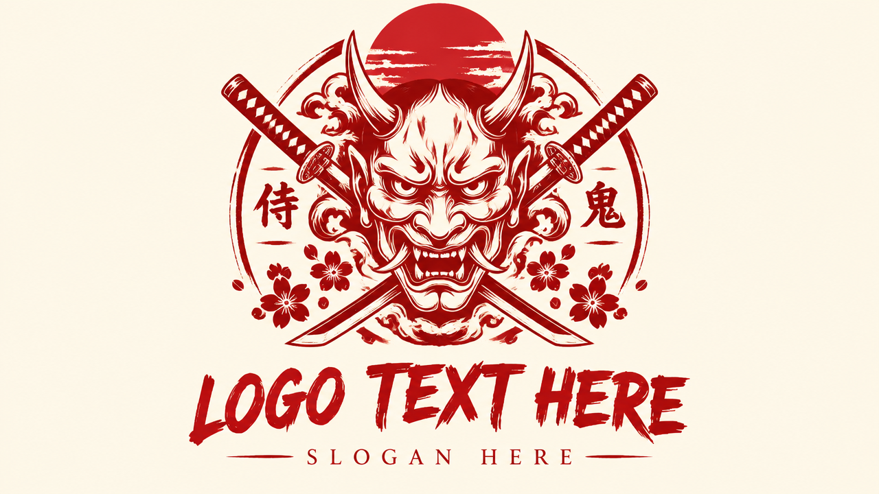 Japanese samurai Oni demon mask logo crest with crossed katana swords and rising sun on cream card