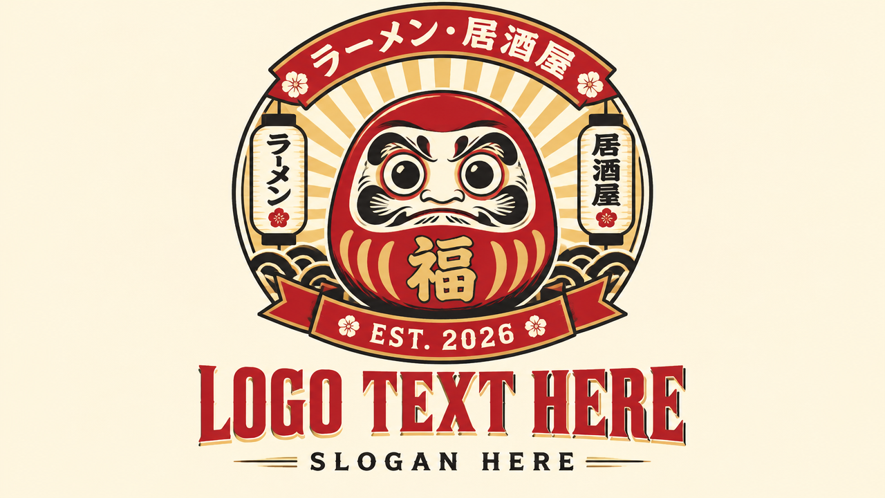 Traditional Japanese Daruma doll logo badge with sunbeams and retro banner on cream card