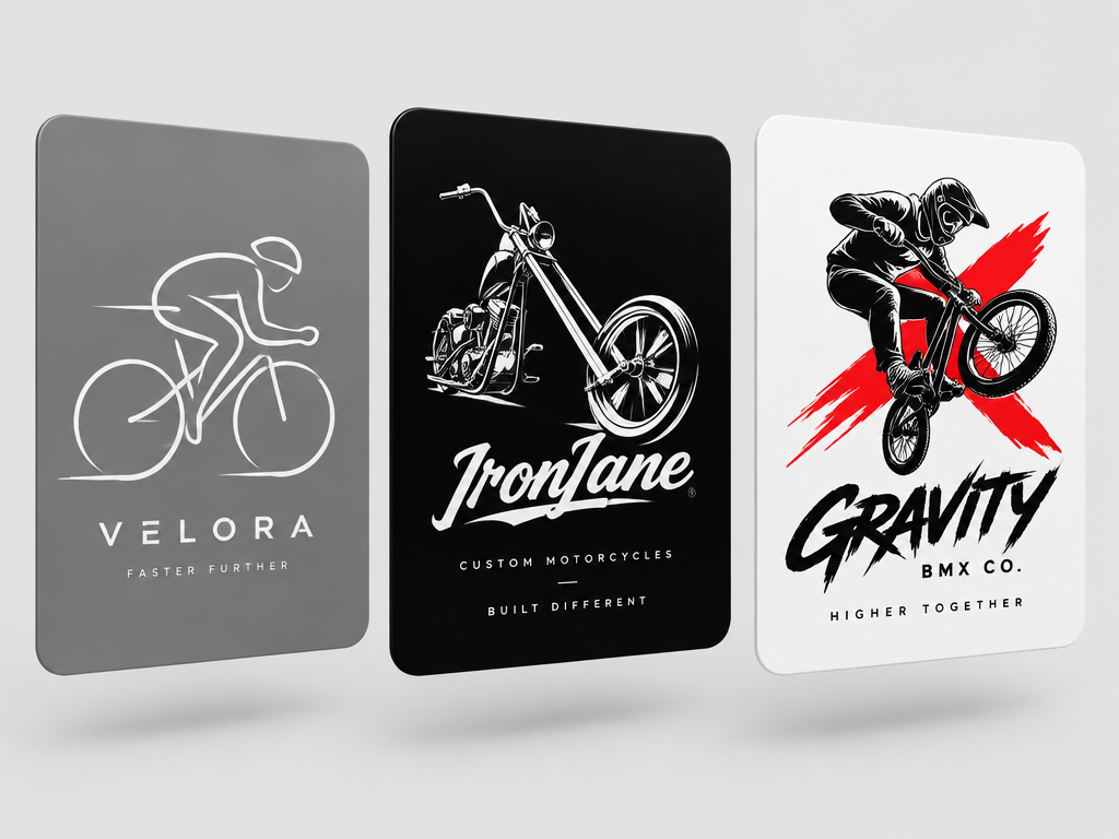 Graphic showcase of three distinct bike logo designs featuring road cycling, custom chopper, and BMX stunt styles