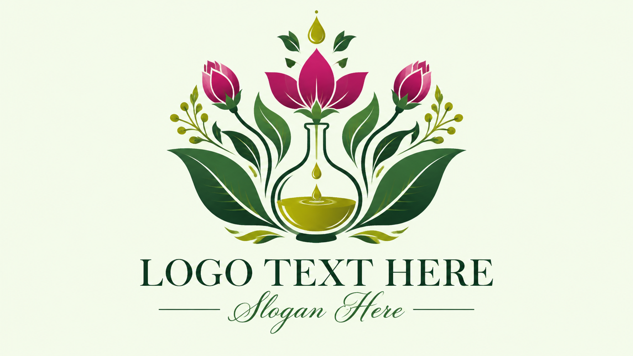Organic botanical perfume logo design with symmetrical floral leaves and essence droplets on mint card