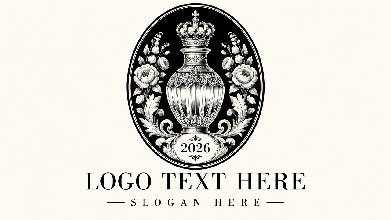 Vintage luxury perfume logo design with engraved crystal bottle and royal crown inside an oval frame