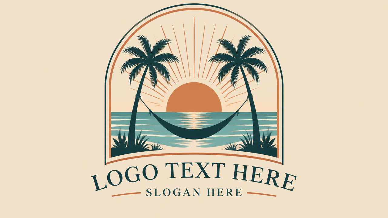 Serene homeowners association sunset logo design featuring an arched badge with palm trees, hammock, and ocean waves