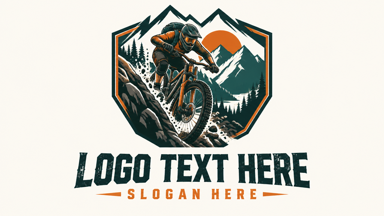 Rugged mountain bike logo badge featuring a downhill rider and rocky peaks on off-white card