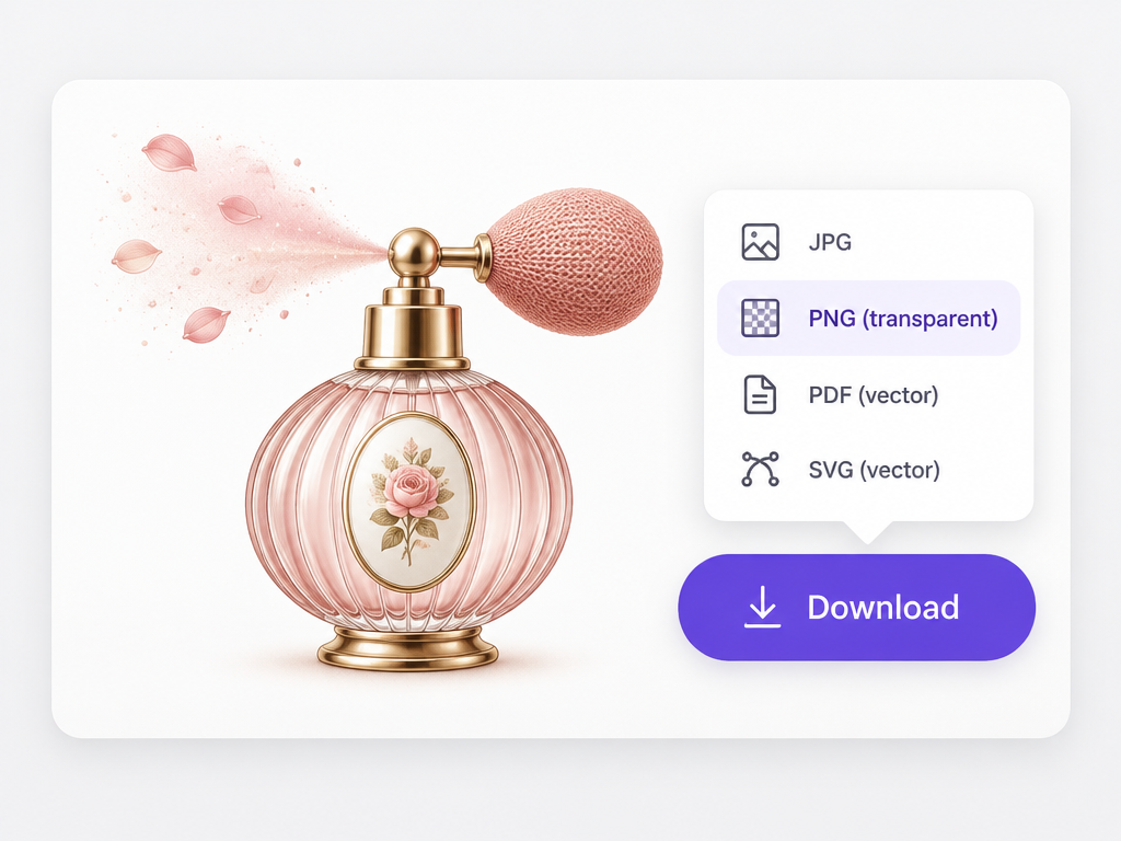 Perfume logo design presentation card with instant download button and transparent PNG vector export dropdown menu