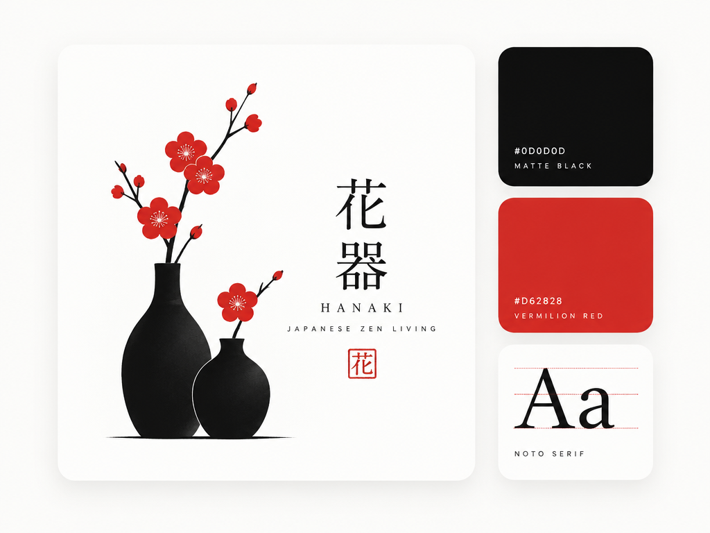 Minimalist UI layout card showing a Japanese Zen vase logo with matching black and red color swatches and typography card