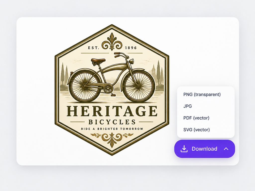 Bike logo design presentation card with instant download button and vector file format export dropdown menu