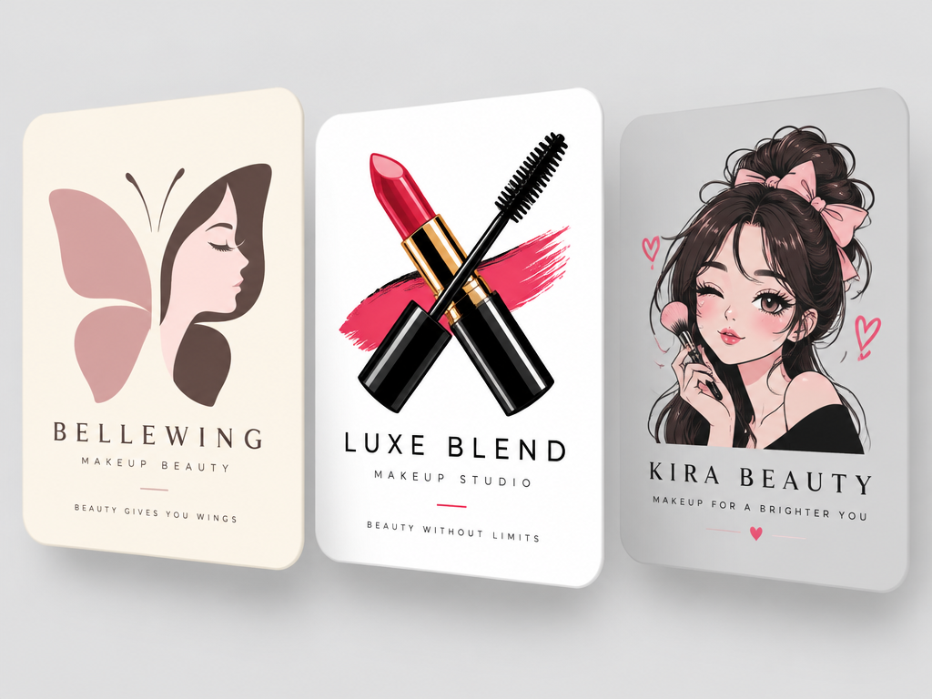 Graphic showcase of three distinct makeup logo designs featuring negative-space butterfly faces, crossed cosmetic tools, and anime lash mascot