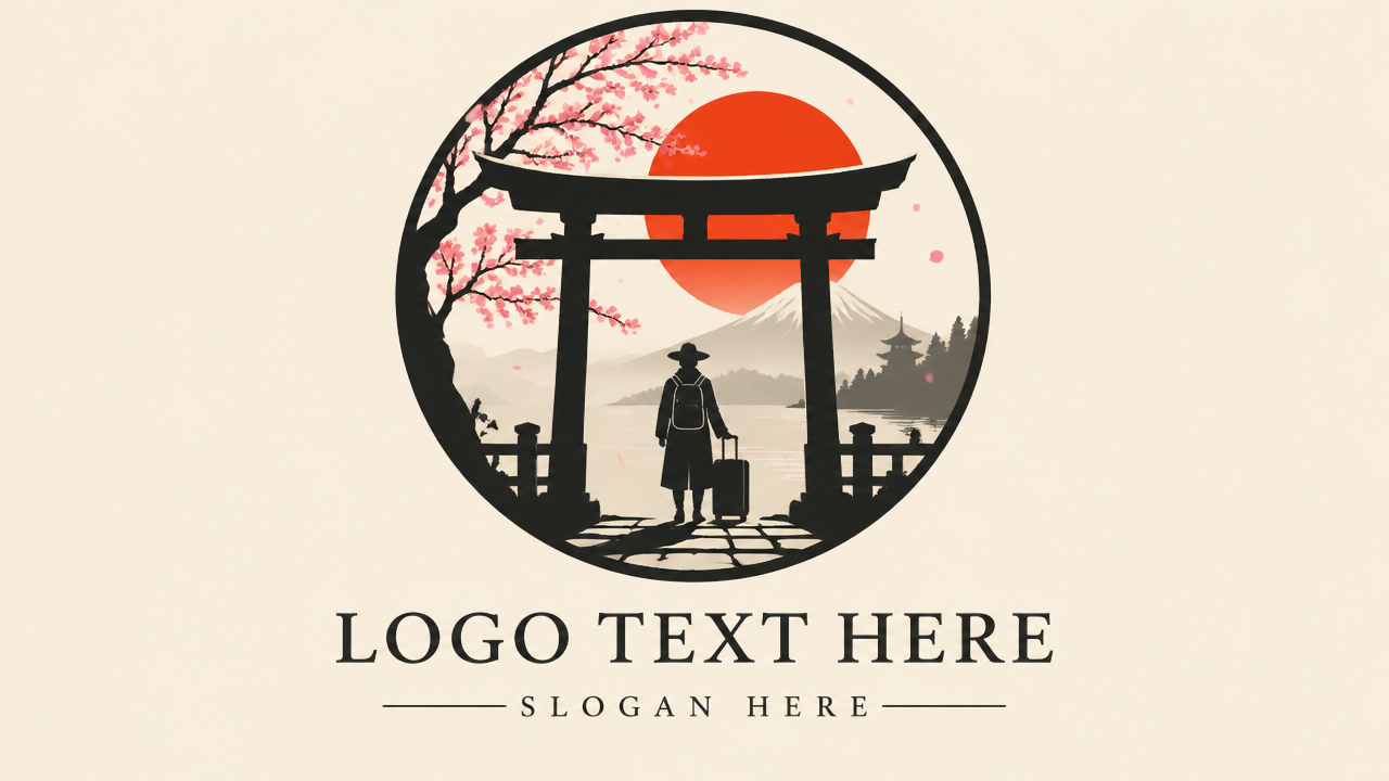 Japanese Shinto Torii gate logo design with cherry blossom tree, red sun, and traveler silhouette on beige card