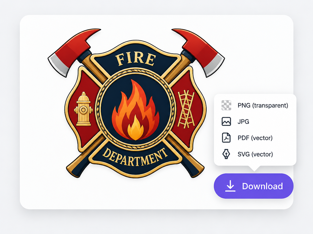 Professional fire department logo design presentation card with instant download button and vector file format export dropdown menu