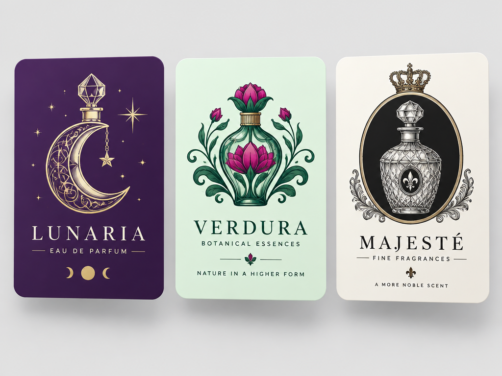 Graphic showcase of three distinct perfume logo designs featuring celestial potion, botanical essence, and French heritage decanter styles
