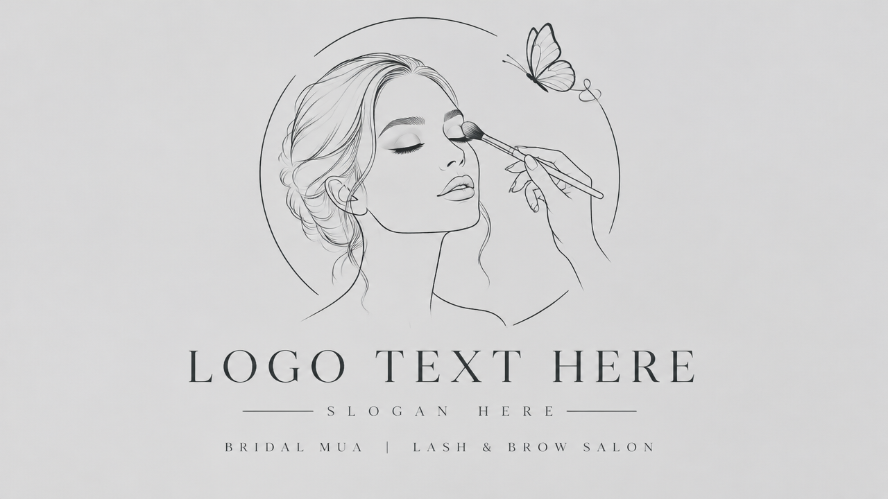 Delicate bridal makeup artist logo design with continuous line art woman applying eyeshadow in circular frame