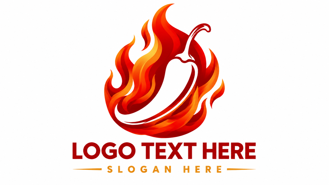 sleek culinary vector logo card design, appetizing hot sauce and spicy food emblem directly inspired by the chili pepper reference: an intense fluid curling flame in vibrant crimson-red and fiery orange gradients, wrapping dynamically around a clean negative-space white chili pepper silhouette with an arched stem, pure clean white card background, centered bold modern culinary sans-serif typography underneath reading "LOGO TEXT HERE" in deep red and warm amber subtext "SLOGAN HERE", artisanal hot sauce and spicy restaurant brand identity, crisp vector layout --ar 16:9 --v 6.0