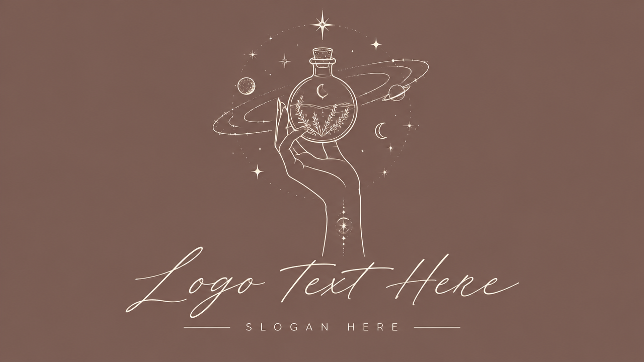 Artisanal perfume logo design featuring an illustrated hand with essence vial and celestial sparkles on mauve card
