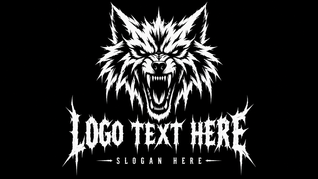 Fierce aggressive typography wolf logo design shaped into a snarling wolf head with fangs on black card