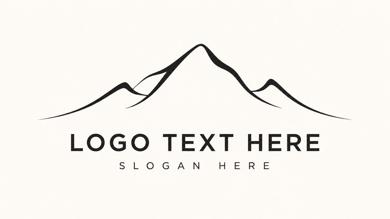 Modern minimalist mountain logo design with a sleek continuous single-line alpine ridge curve on off-white card