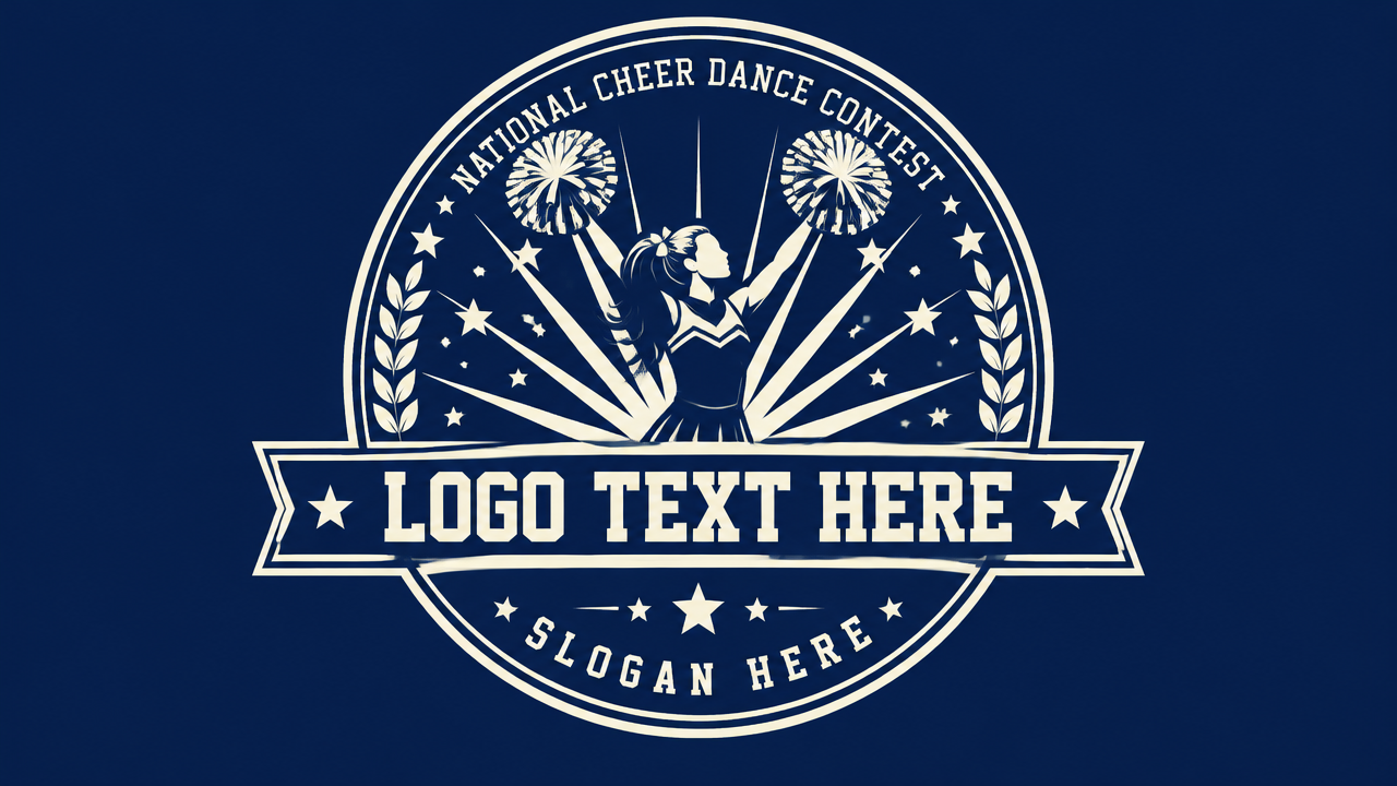 Vintage cheerleading championship contest logo badge featuring cheerleader with pom-poms on dark navy card