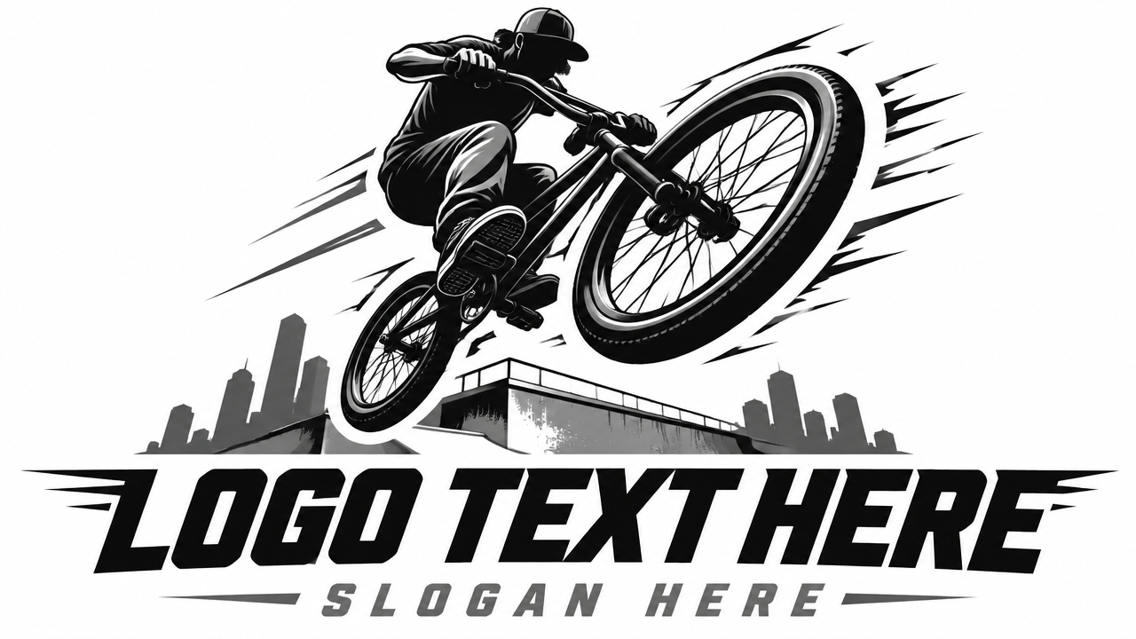 High-energy BMX bike stunt logo design with airborne perspective and speed lines on white card