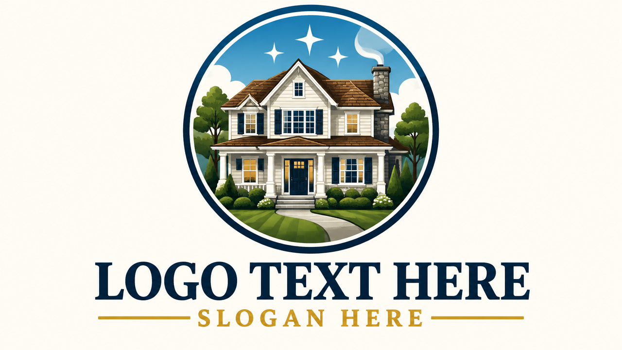 Circular suburban house logo badge featuring a cozy home with chimney and stars for home restoration