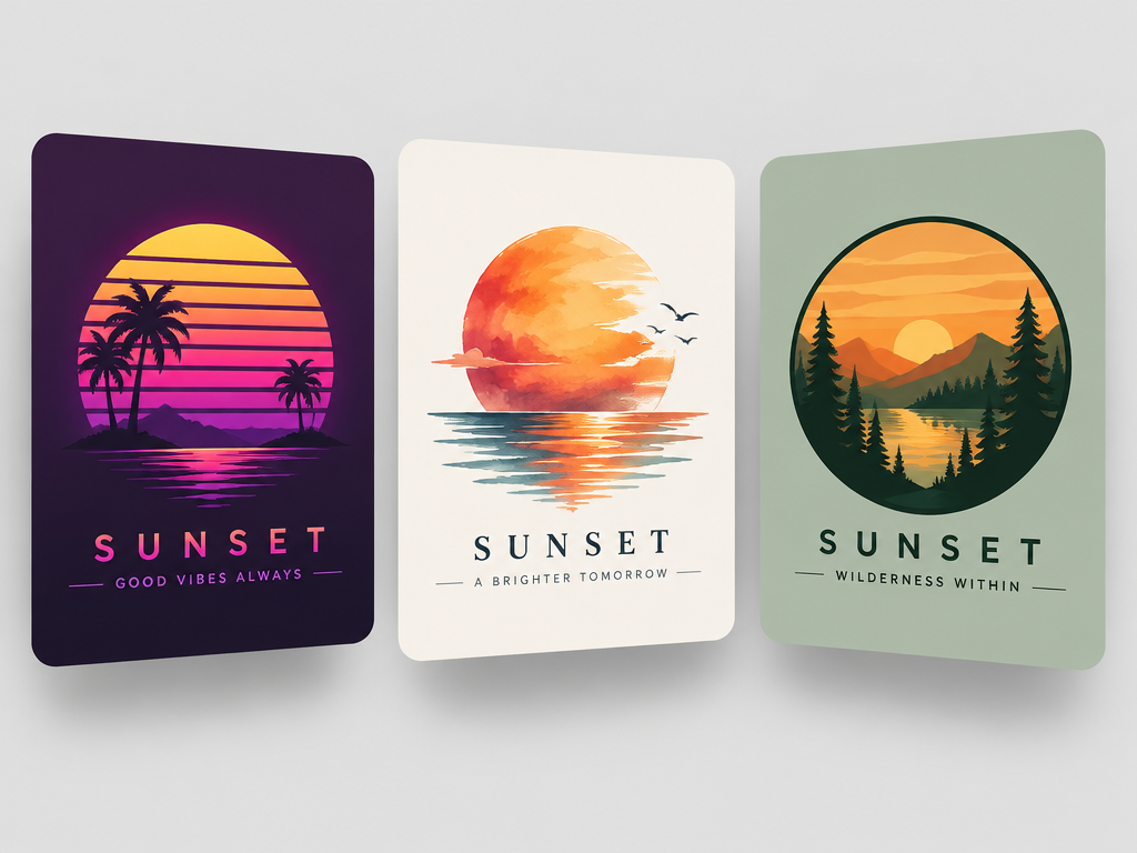 Graphic showcase of three distinct sunset logo designs featuring synthwave neon, watercolor reflection, and pine forest styles