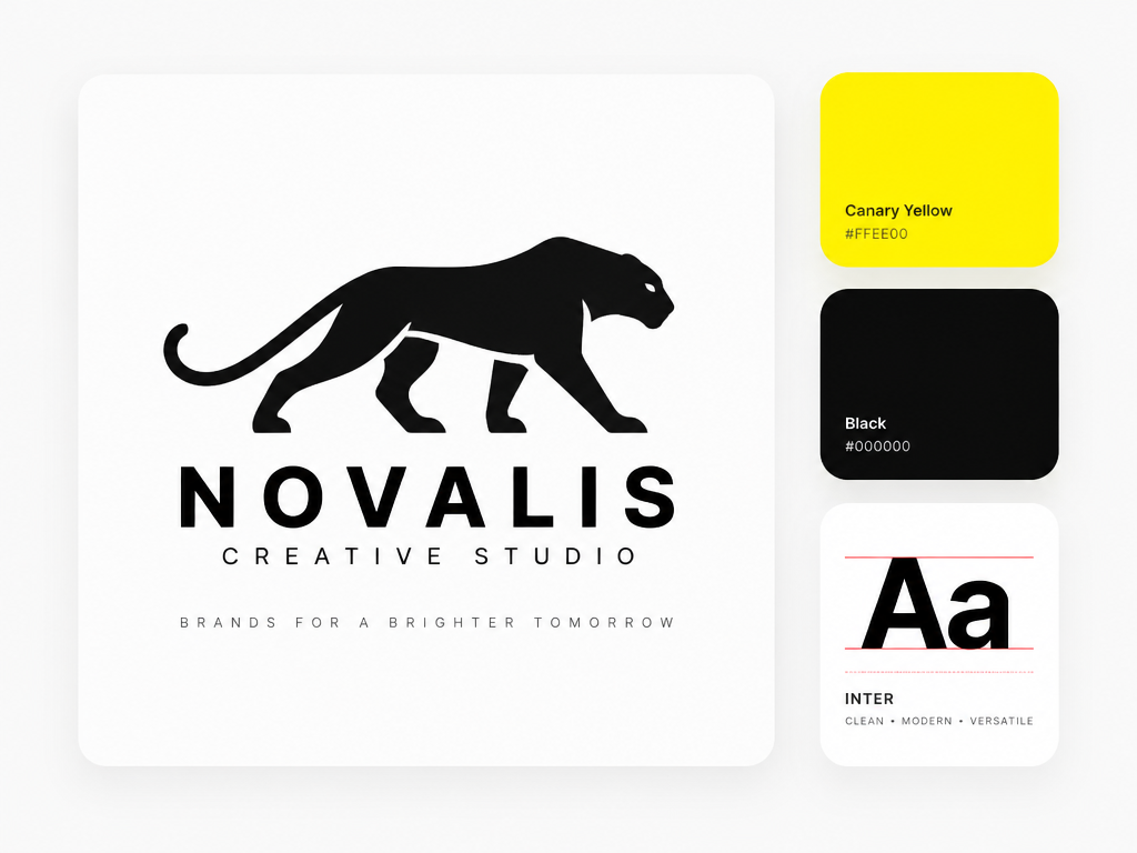 Minimalist graphic design UI layout card, pure 2D presentation showcase, strictly no realistic objects, no room backgrounds: on the left is a large crisp white rounded-corner card featuring a professional creative studio logo with a sleek black animal silhouette mascot and bold sans-serif typography; floating neatly to the right are two stacked rounded-square color swatch blocks in canary yellow and solid black; below the swatches sits a clean white floating card displaying "Aa" typography with delicate red horizontal baseline guide lines; pristine light off-white background, soft subtle drop shadows, ultra-clean negative space, high-end graphic design tool feature showcase --ar 4:3 --v 6.0