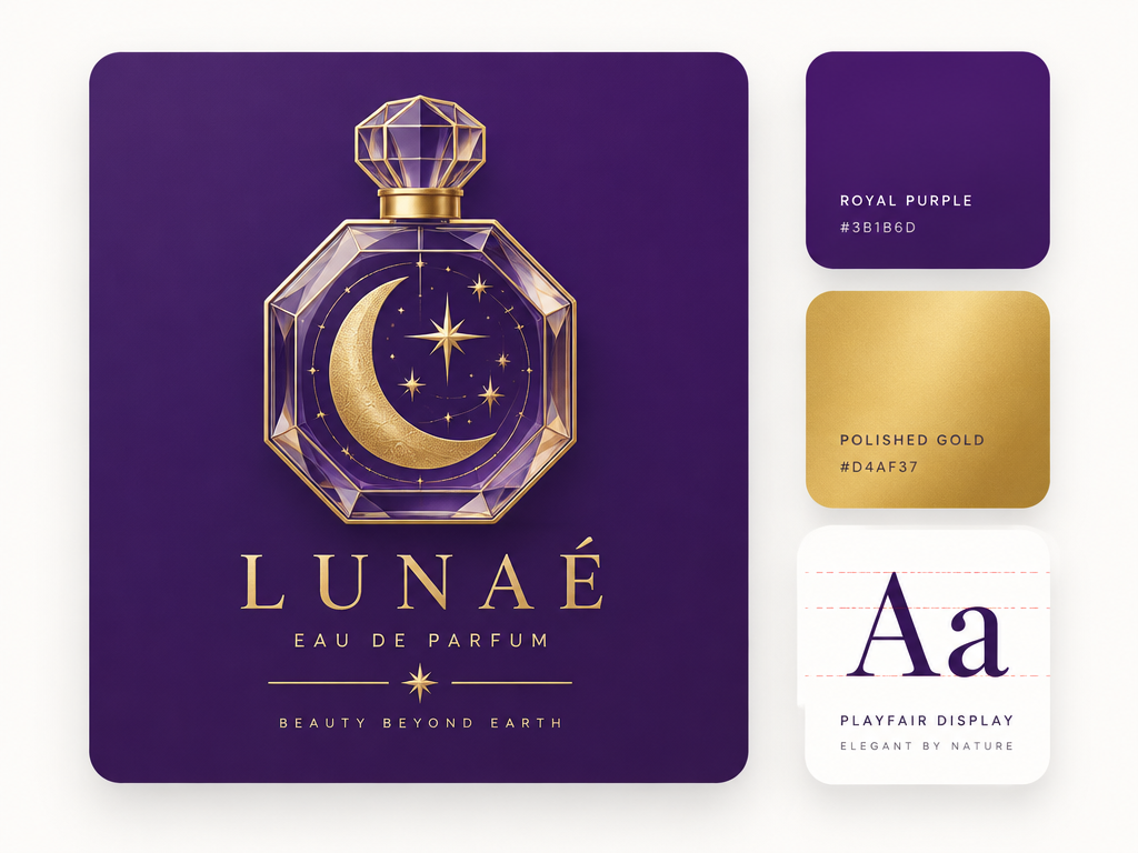 Minimalist UI layout card showing a celestial gold perfume logo with matching purple and gold color swatches and typography card