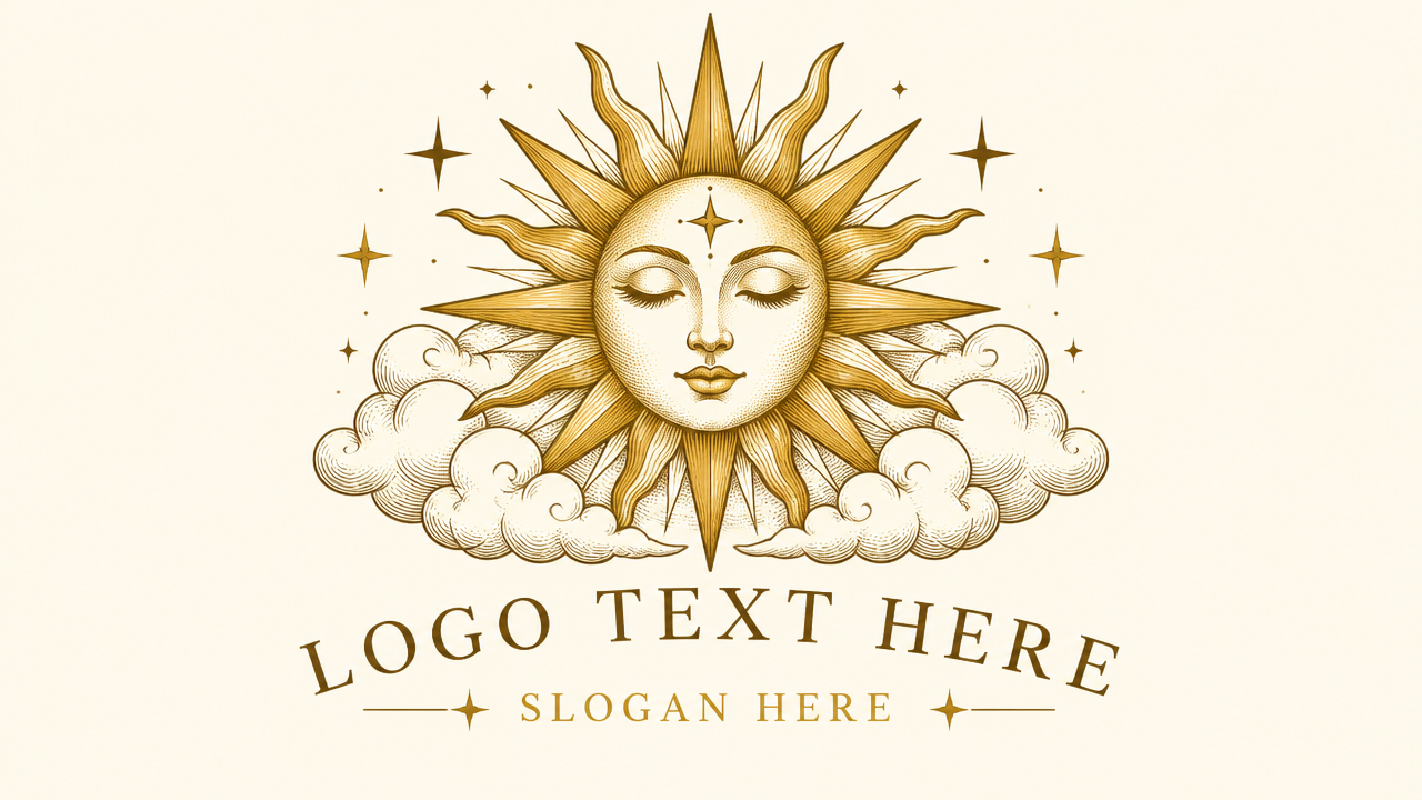 Vintage celestial tarot sun logo design featuring a serene sleeping face, golden rays, and clouds on beige background