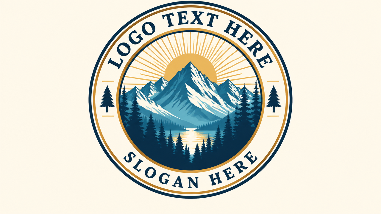 Classic circular outdoor mountain logo badge with alpine peaks, pine forest, and sunburst rays on cream card