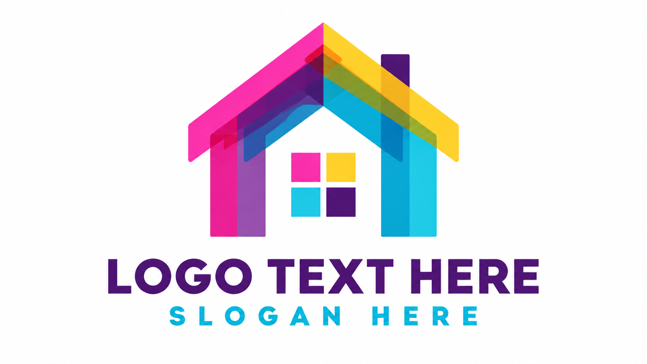 Modern creative design house logo featuring overlapping colorful translucent roof layers on white card