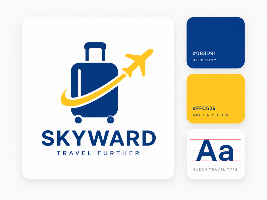 Minimalist graphic design UI layout card, pure 2D presentation showcase, strictly no realistic objects, no room backgrounds: on the left is a large crisp white rounded-corner card featuring a clever modern two-tone travel logo with a deep navy-blue rolling suitcase icon, a vibrant golden-yellow airplane accent taking flight, and bold navy typography; floating neatly to the right are two stacked rounded-square color swatch blocks displaying the exact colors extracted from the logo: one solid deep navy-blue block and one bright golden-yellow block; below the swatches sits a clean white floating card displaying "Aa" typography with delicate red horizontal baseline guide lines; pristine light off-white background, soft subtle drop shadows, ultra-clean negative space, high-end travel branding tool feature showcase --ar 4:3 --v 6.0