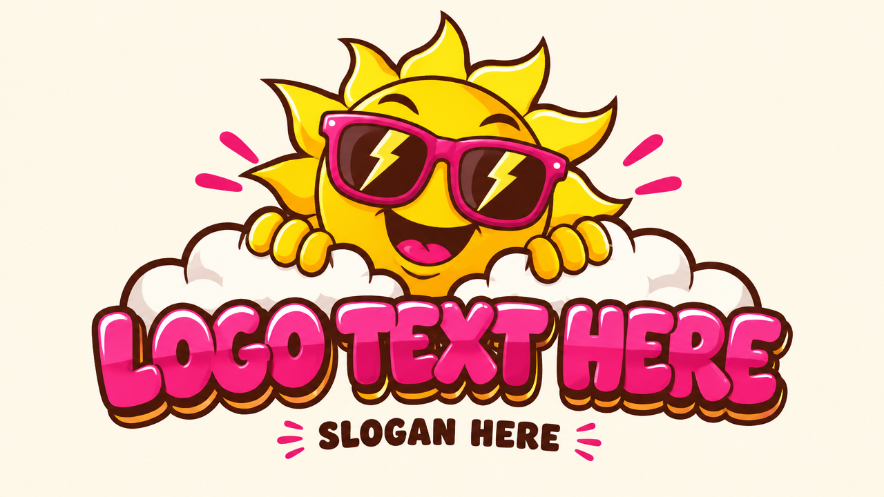 Fun retro cartoon sunshine mascot logo design wearing pink lightning sunglasses with bubble typography