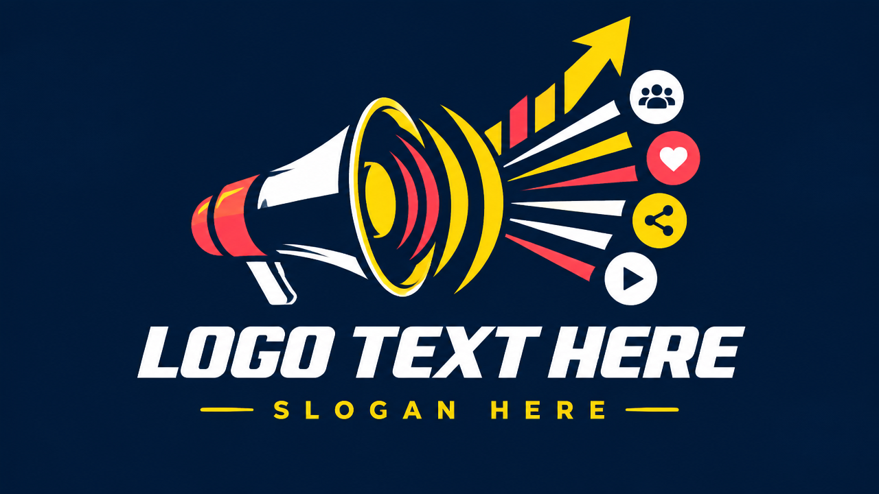vector logo card showcase, high-impact modern PR and viral advertising emblem, an abstract geometric megaphone horn constructed of expanding layered soundwave ripples and broadcast beams forming an upward-surging growth trajectory, deep dark navy card background, electric sunny yellow, hot coral, and crisp white line accents, centered bold athletic modern typography underneath reading "LOGO TEXT HERE" in pure white and yellow subtext "SLOGAN HERE", influencer marketing agency and viral media publicity group brand identity, crisp vector layout --ar 16:9 --v 6.0