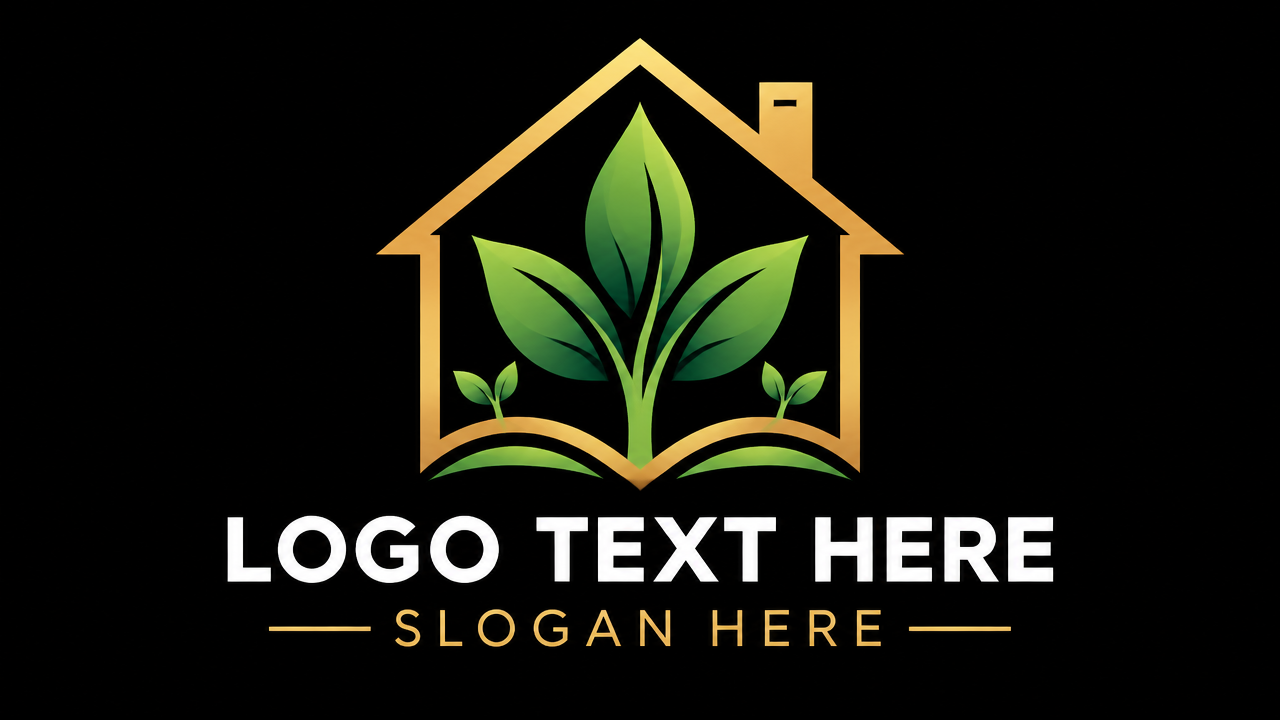 Eco-friendly garden house logo design featuring green sprouting leaves inside a house frame on dark card