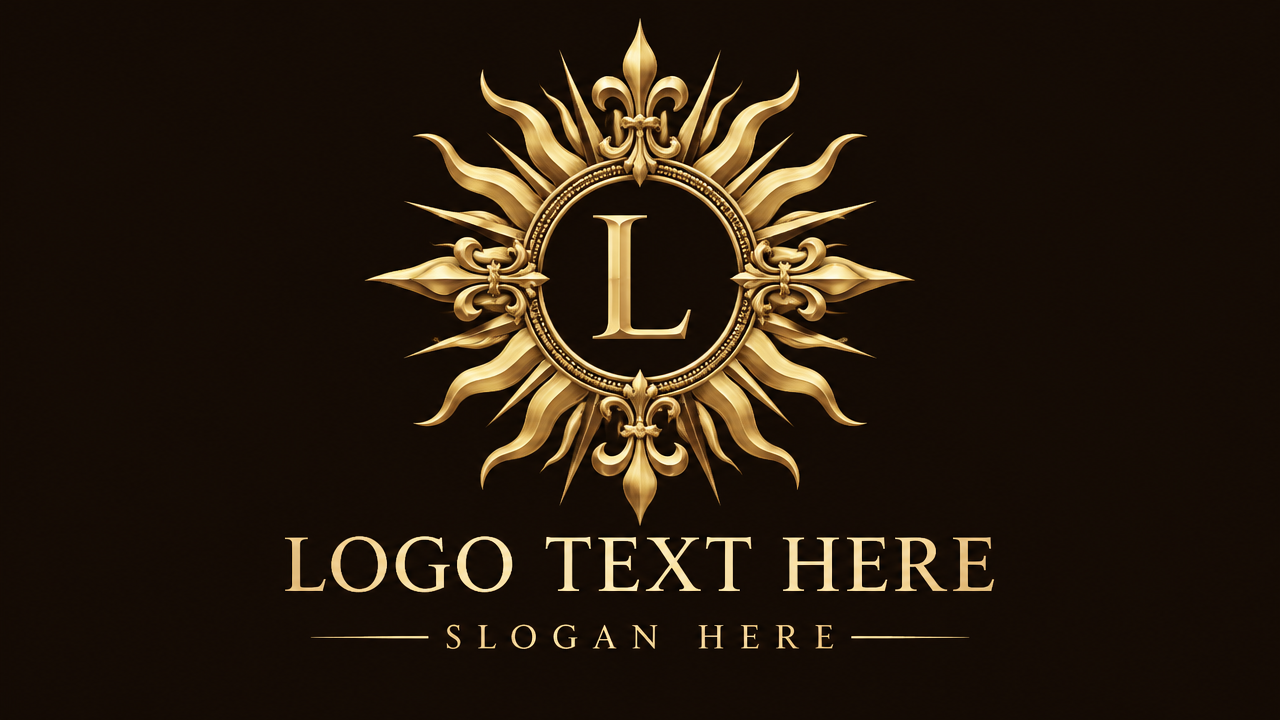 Luxurious gold flame sunburst crest logo design with central monogram on deep black background