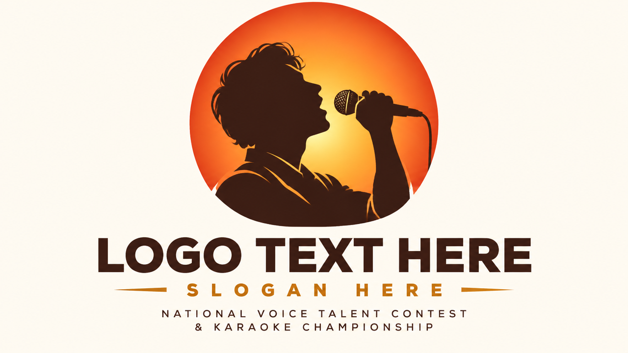 Singing competition contest logo design featuring a vocalist silhouette singing into a microphone with spotlight on white card