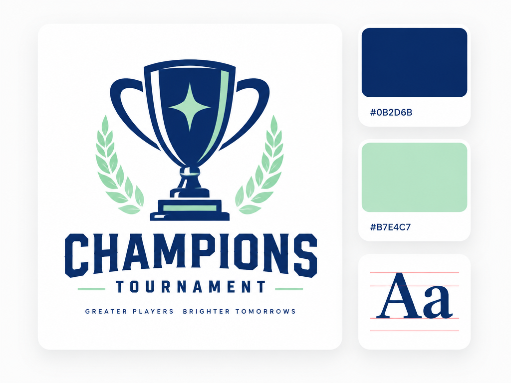 Minimalist UI layout card showing a geometric trophy cup contest logo with matching navy and mint color swatches and typography card