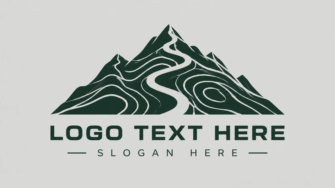 Modern topographic contour line mountain logo design in dark spruce green on light grey card
