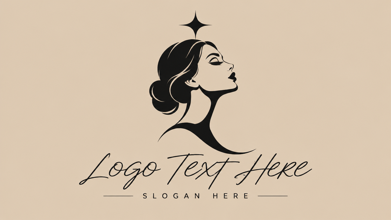 Luxury beauty studio logo design featuring a woman side profile crowned with a star on beige card